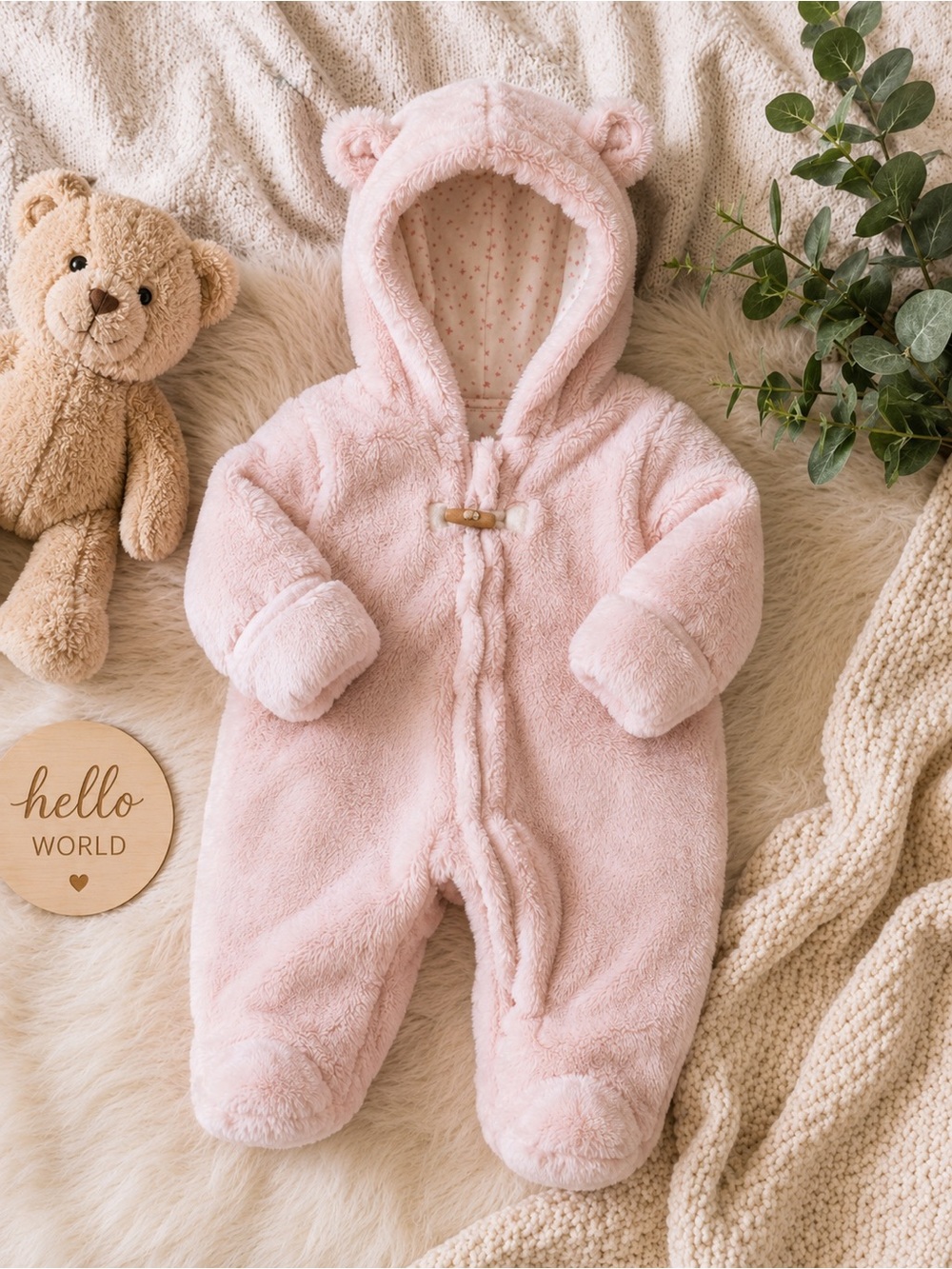 Wippette Plush Hooded Baby One-Piece in Light Pink